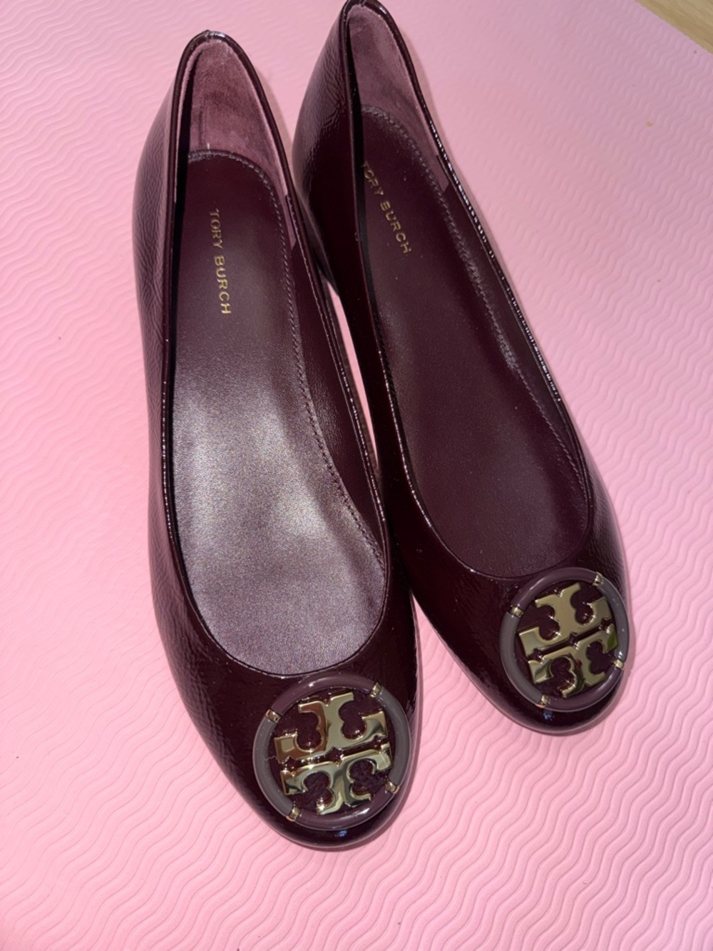 Tory Burch Burgundy Patent Logo Round-Toe Ballet Flats